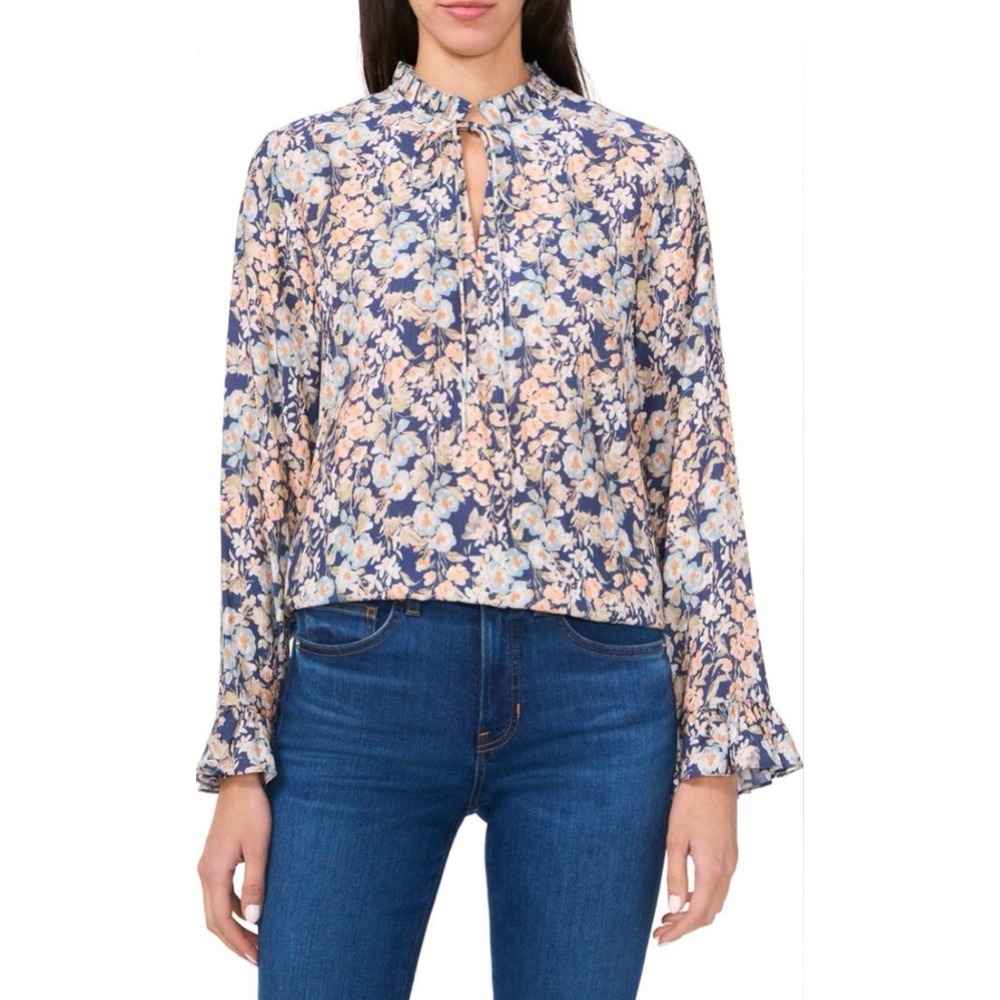 CeCe Blue Floral Lightweight Feminine Long Sleeve Blouse Tie Neck Ruffle Boho XL